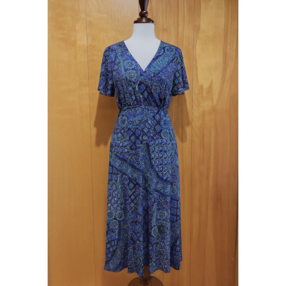 Susan Graver Womens Geometric Print Midi Dress Size 1X Petite Blue Multi Artsy - Picture 3 of 12